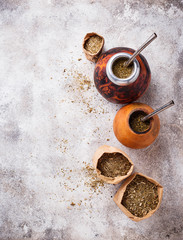 Yerba mate tea with calabash and bombilla.