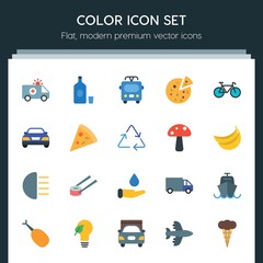 Modern Simple Set of transports, food, nature, drinks Vector flat Icons. ..Contains such Icons as  airplane, sushi, chicken, truck,  freight and more on dark background. Fully Editable. Pixel Perfect