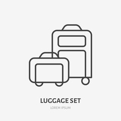 Luggage set flat line icon. Wheeled suitcase and carry-on sign. Thin linear logo for airport baggage rules.
