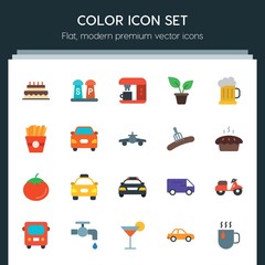 Modern Simple Set of transports, food, nature, drinks Vector flat Icons. ..Contains such Icons as  cup,  tea,  espresso,  tap,  machine, cake and more on dark background. Fully Editable. Pixel Perfect