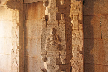 Stone bas-reliefs on the column in Hazara Rama Temples Hampi. Carving stone ancient background....