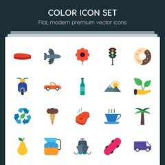 Modern Simple Set of transports, food, nature, drinks Vector flat Icons. ..Contains such Icons as palm,  spring, toast,  closeup,  cargo, hot and more on dark background. Fully Editable. Pixel Perfect