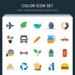 Modern Simple Set of transports, food, nature, drinks Vector flat Icons. ..Contains such Icons as  transport,  recycling, agriculture, air and more on dark background. Fully Editable. Pixel Perfect