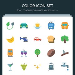 Modern Simple Set of transports, food, nature, drinks Vector flat Icons. ..Contains such Icons as  sedan,  sky,  celebration,  food,  travel and more on dark background. Fully Editable. Pixel Perfect