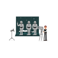 Fototapeta premium Movie operator shooting scene with astronauts in space, entertainment industry, movie making vector Illustration
