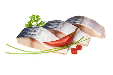 Mackerel with spices, herbs and peppers, isolated on white background