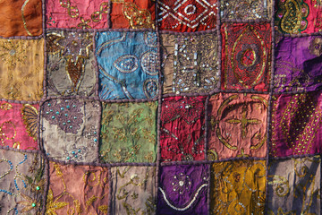 Patchwork of indium. India embroidery colored squares. Bright multicolored Indian oriental...