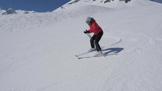 Beginner Skier Woman Turns Right And Left On Ski Slope And Hardly Did Not Fall