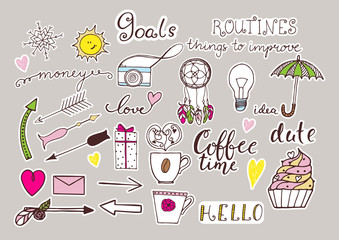 Hand drawn color stickers set for notebook or bullet journal