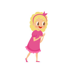Cute blonde girl in pink dress, kids party concept cartoon vector Illustration on a white background