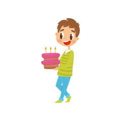 Cute boy carrying birthday cake cartoon vector Illustration on a white background