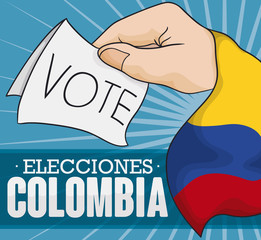 Hand with Tricolor Flag Promoting to Vote in Colombian Elections, Vector Illustration