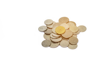 old coin,Golden coin and old coin stacking on a white background with light glow
