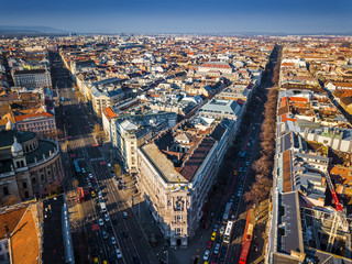 Budapest, Hungary - Aerial panoramic skyline of Budapest with Andrassy street and Bajcsy-Zsilinszky street at sunset with clear blue sky