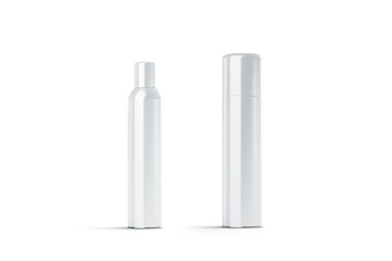 Blank white plastic closed hairspray bottle mockups, 3d rendering. Empty deodorant aerosol mock up isolated. Clear stainless container template