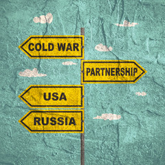 Road signs with USA and China text. Image relative to politic and economic relationships between USA and China.