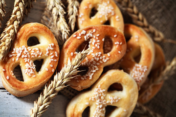 various bakery products and pretzels