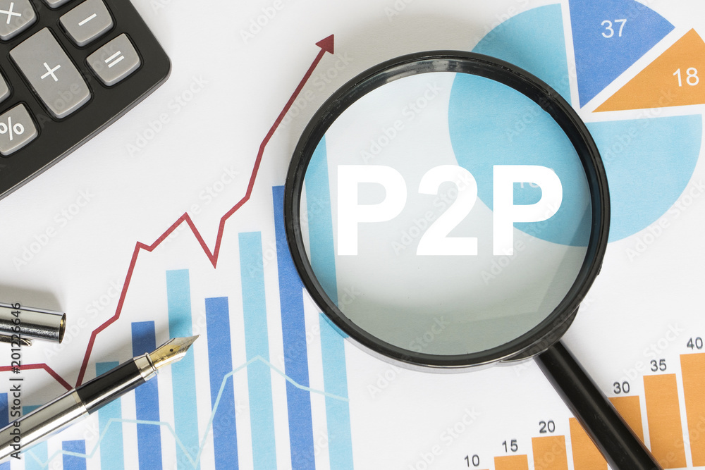 Poster businessman search button p2p peer-to-peer magnifier graph loupe.
