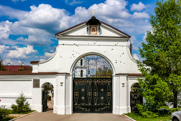 MALOYAROSLAVETS, RUSSIA - MAY 2016: Svyato-Nikolskiy Chernoostrovskiy convent monastery in Maloyaroslavets. The gate of the monastery survived the Maloyaroslavets battle with Napoleon in 1812