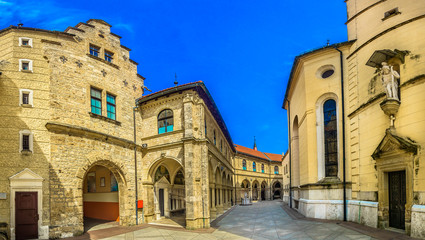 Fototapeta na wymiar Marija Bistrica panorama architecture. / Panorama of marble baroque square in famous marian catholic shrine Marija Bistrica, Northern Croatia landmarks.