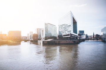 Obraz premium modern office buildings at Hafencity district in Hamburg, Germany on clear sunny day