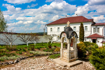 MALOYAROSLAVETS, RUSSIA - MAY 2016: Svyato-Nikolskiy Chernoostrovskiy convent monastery in Maloyaroslavets. The water-bearing white stone chapel of the icon of the Mother of God of 2009