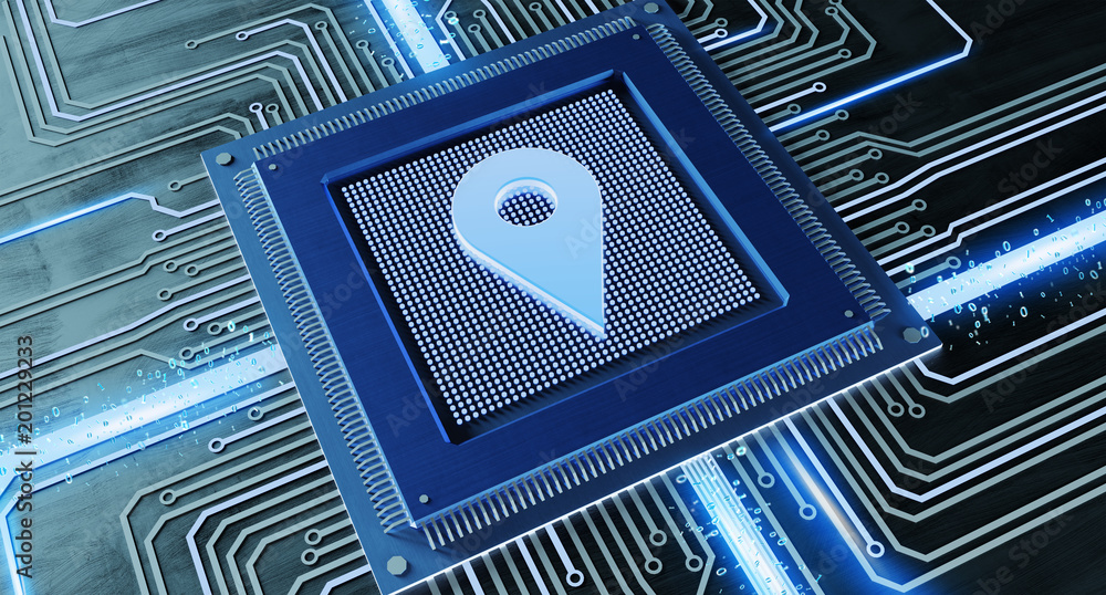 Poster cpu processor chip and network connection on a circuit board - 3d render