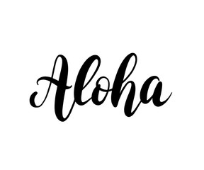 Aloha word lettering. Brush calligraphy. Vector illustration for print on shirt, card Hawaiian text hello phrase. - obrazy, fototapety, plakaty