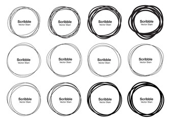 Set of 12 Hand Drawn Scribble Circles, vector logo design elements