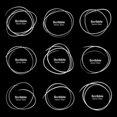 Set of 9 White Hand Drawn Scribble Circles.  Vector illustration