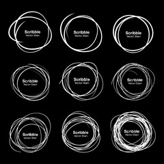 Set of 9 White Hand Drawn Scribble Circles. Vector illustration