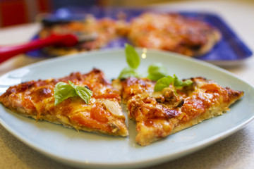 Homemade pizza slices on a blue plate, fresh food