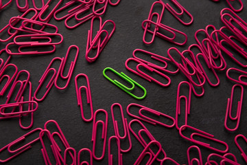 Unique green paperclip with plenty of pink ones