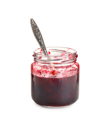 Jar with sweet jam on white background