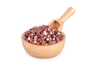 cowpeas in wooden bowl with spoon on white background