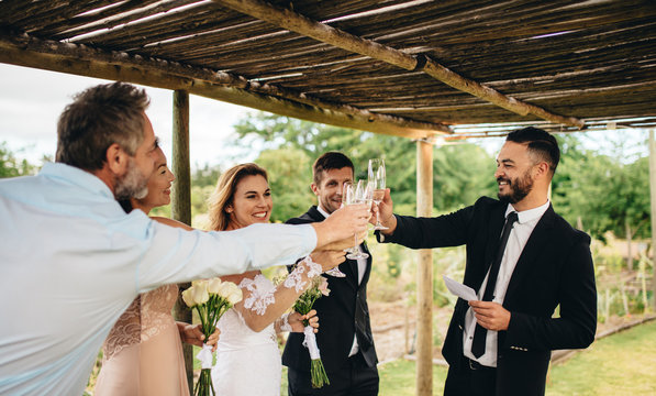 Newlyweds and friends having wedding toast