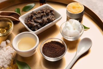 Ingredients for natural body scrub on metal tray