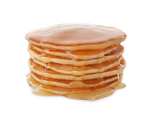 Tasty pancakes with honey on white background