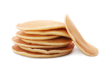 Tasty pancakes on white background