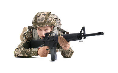 Female soldier with machine gun on white background. Military service