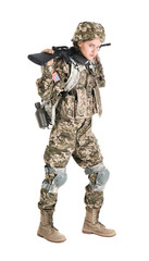 Female soldier with machine gun on white background. Military service