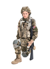 Female soldier with machine gun on white background. Military service