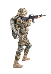 Female soldier with machine gun on white background. Military service