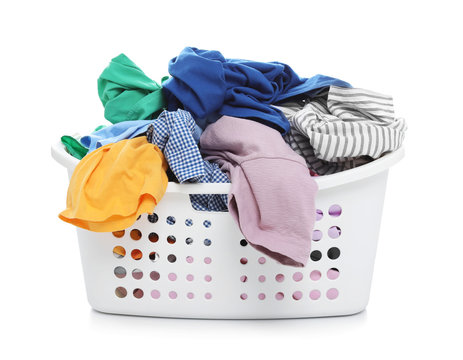 Laundry Basket With Dirty Clothes On White Background