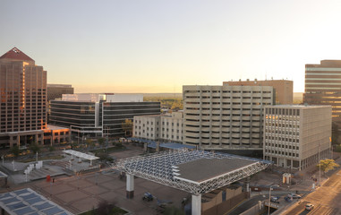 Early evening in springtime, Downtown Albuquerque Civic Plaza and Government buildings, New Mexico.