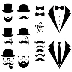 Men's tuxedo. Mustache, glasses, beard, pipe and top hat.