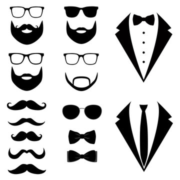 Men's tuxedo. Mustaches, glasses, beard.