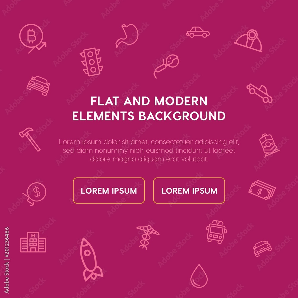Poster transports, industry, health, money outline vector icons and elements background concept on violet b