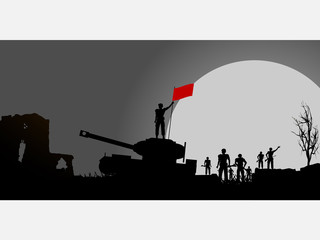 Soldiers and tank and red flag silhouette panel