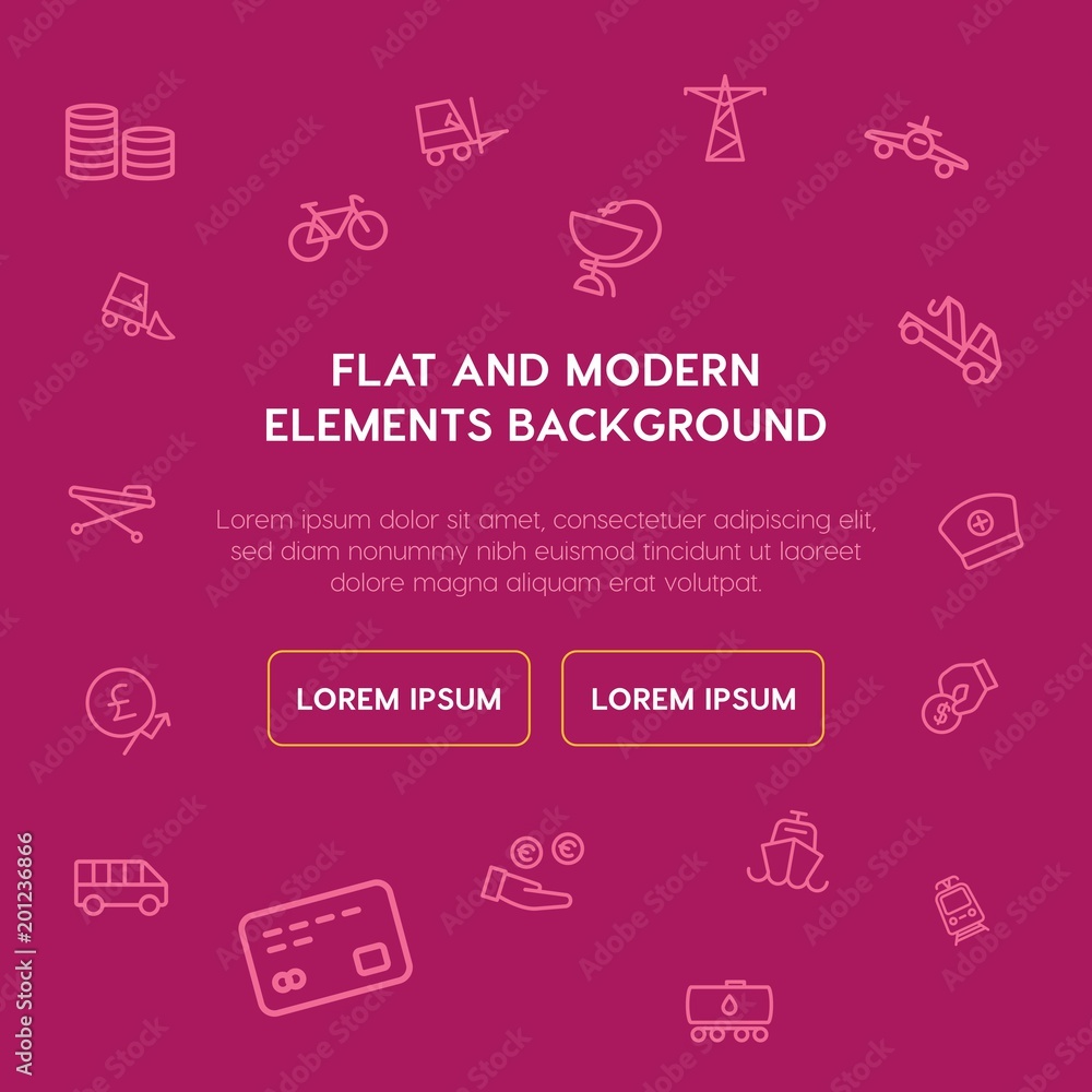 Poster transports, industry, health, money outline vector icons and elements background concept on violet b